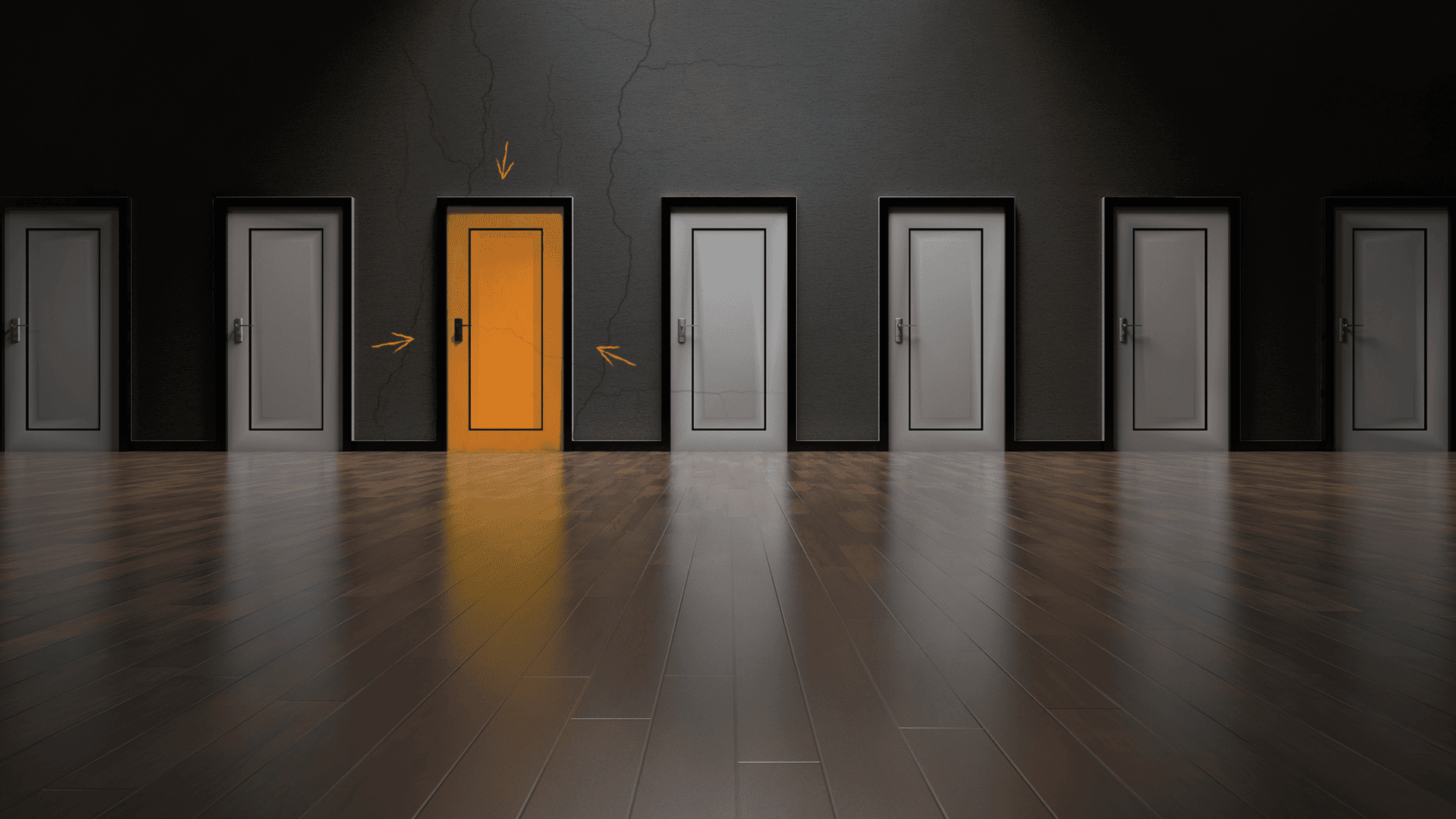 Door maze in escape room with orange door and black cracked wall, wooden floor, multiple mystery doors.