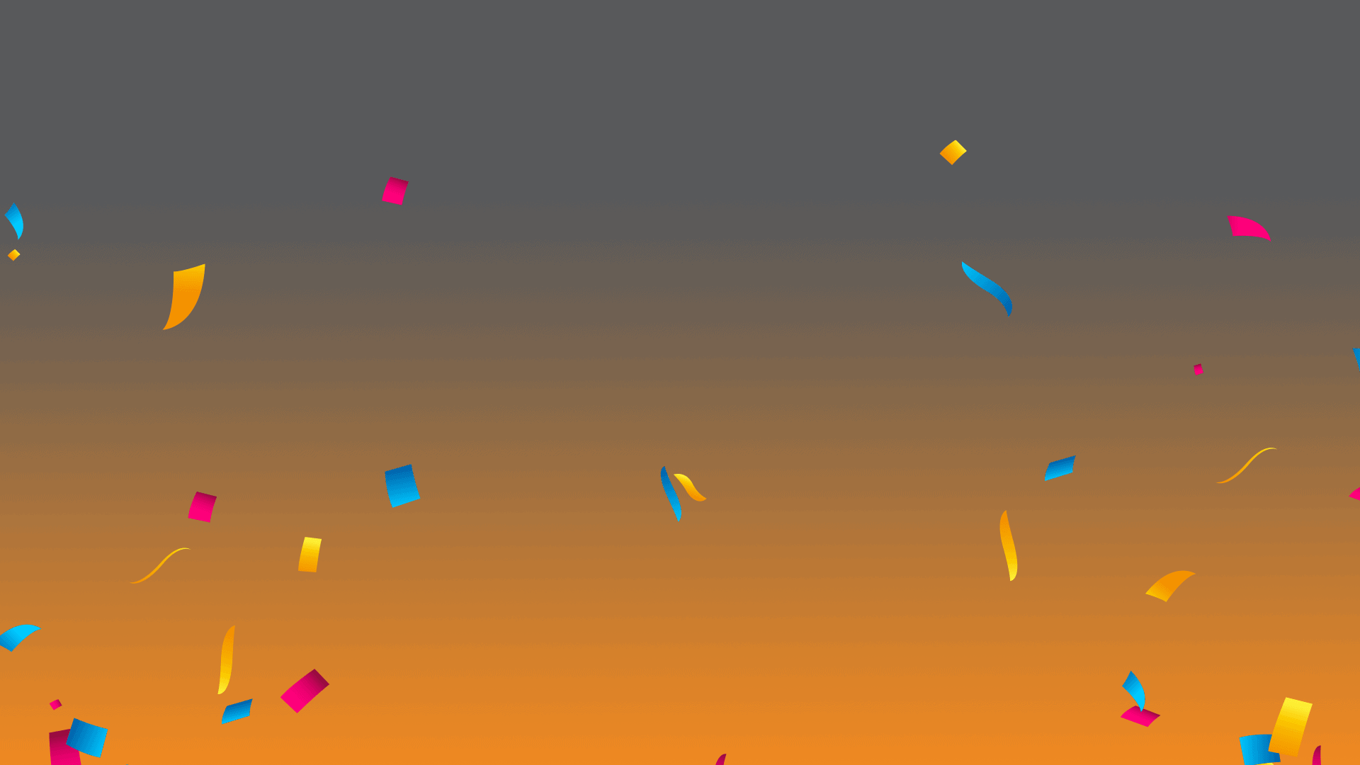 Colorful confetti falling against a sunset gradient background.